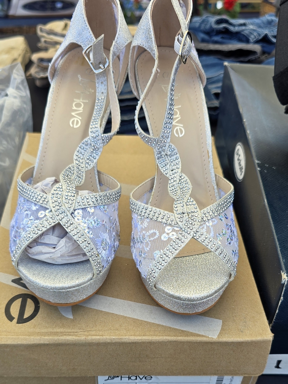 Silver Lace Embellished Peep-Toe Heels